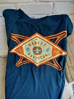 Harley-Davidson Navy Tee with Orange Logo Sz L
